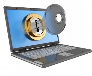 3d illustration of laptop computer locked by key, isolated over white